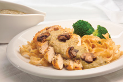 Chicken with mushroom sauce over noodles