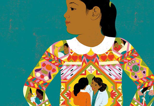 illustration of a young immigrant girl wearing a beautifully designed sweater